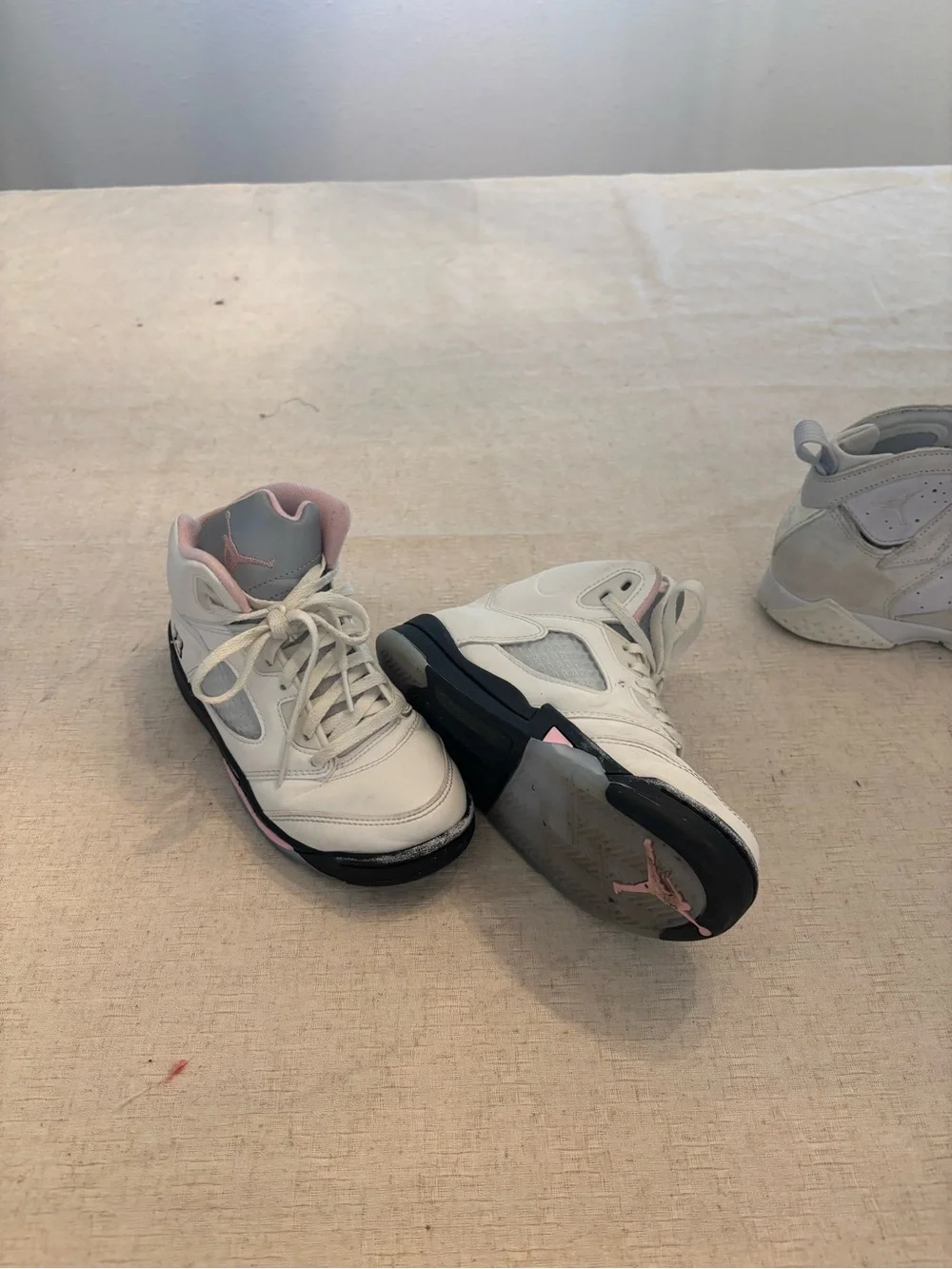 Kids White and Pink Jordan Retro 5 High-Top Athletic Sneakers